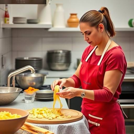 A culinary arts student, Sofia, preparing pasta in a modern kitchen.