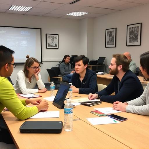 A group of students participating in a debate club meeting at the Italian Education Hub, actively discussing a topic.