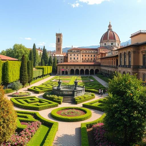 A picturesque view of the Italian Education Hub campus in Florence, showcasing the main building and surrounding gardens.