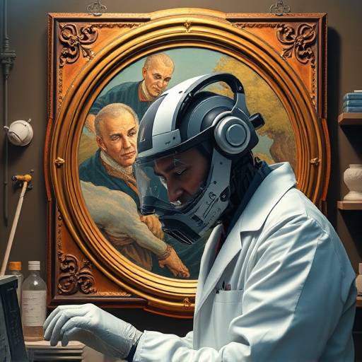 A scientist using AI software to analyze an old painting