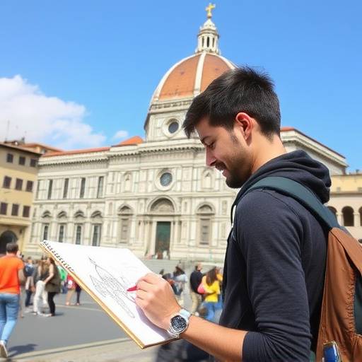 A student, Alessandro, sketching in front of the Duomo in Florence.