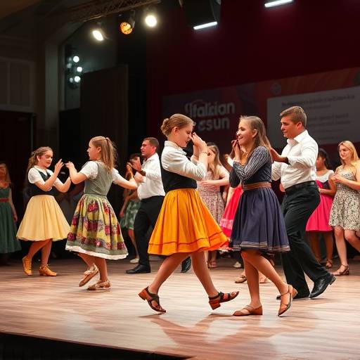 A student performance on stage during a cultural festival at the Italian Education Hub, showcasing traditional Italian dance.