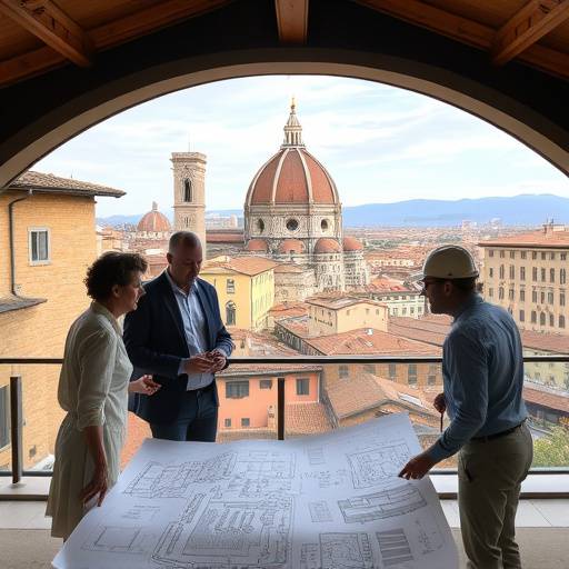 Architects discussing plans for a sustainable building project in Florence