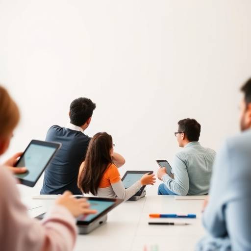 Diverse group of people accessing the Italian Education Hub website on various devices, symbolizing inclusivity and accessibility.