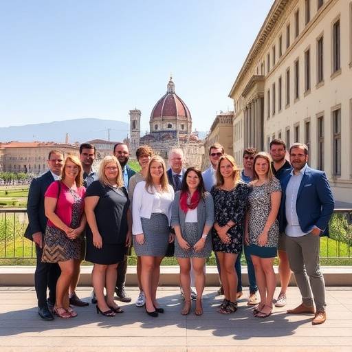 Group photo of Italian Education Hub faculty and staff in front of the Florence campus building