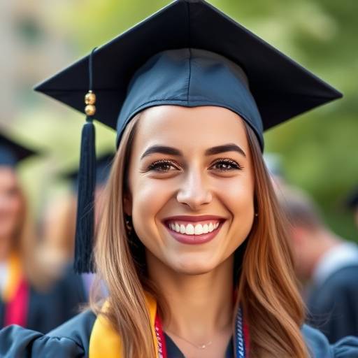 Smiling graduate, Maria, in cap and gown.