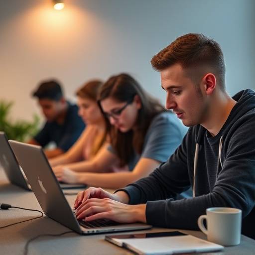 Students collaboratively working on their applications at a table with laptops and documents, showcasing a supportive and engaging environment.