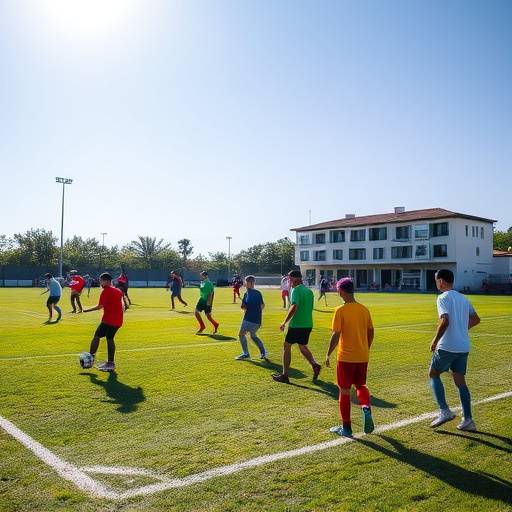 Students playing a friendly soccer match on the Italian Education Hub's sports field under a sunny sky.